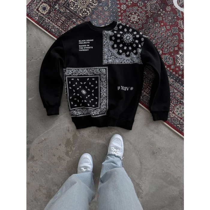 Desenli Üç İplik Bisiklet Yaka Oversize Sweatshirt - Siyah