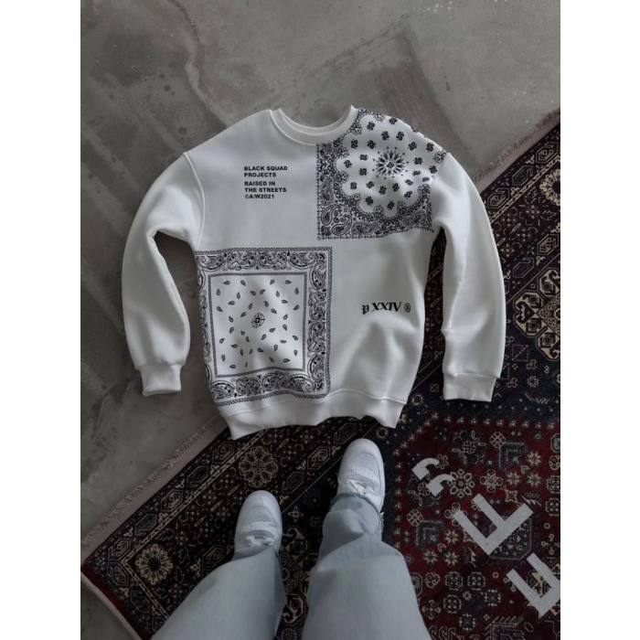 Desenli Üç İplik Bisiklet Yaka Oversize Sweatshirt - Beyaz