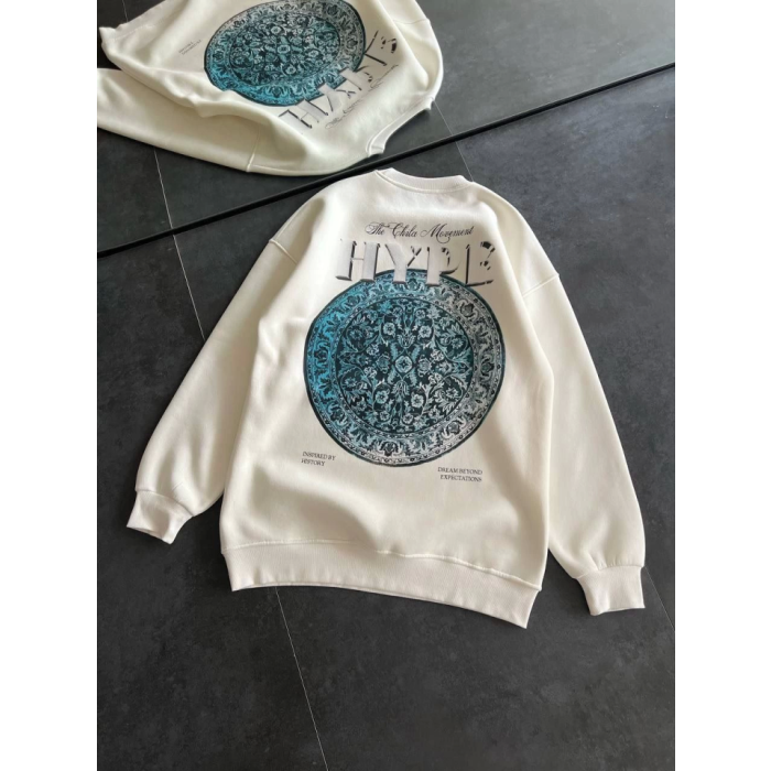 Üç İplik Bisiklet Yaka Baskılı Sweatshirt - Beyaz