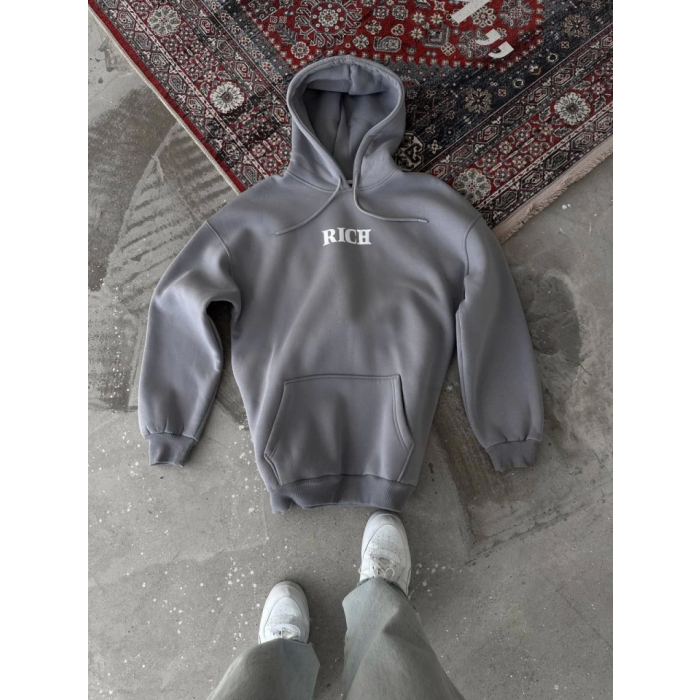 Uzun Kol Kapşonlu Göğüs Baskılı Sweatshirt - Gri