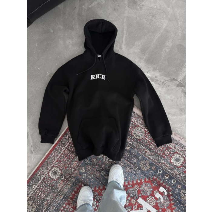 Uzun Kol Kapşonlu Göğüs Baskılı Sweatshirt - Siyah