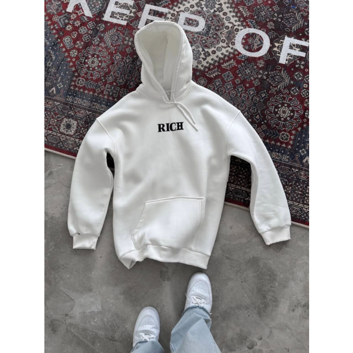 Uzun Kol Kapşonlu Göğüs Baskılı Sweatshirt - Beyaz