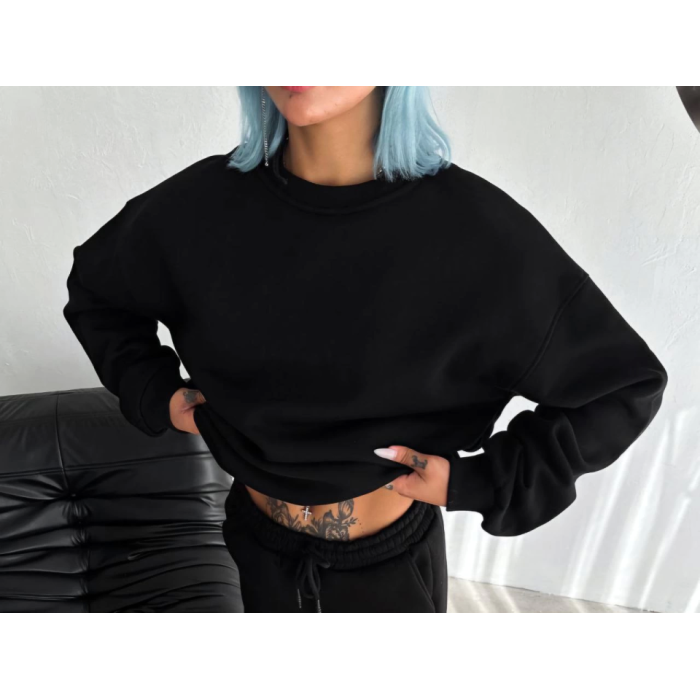 Kışlık Bisiklet Yaka Üç İplik Basic Sweatshirt - Siyah