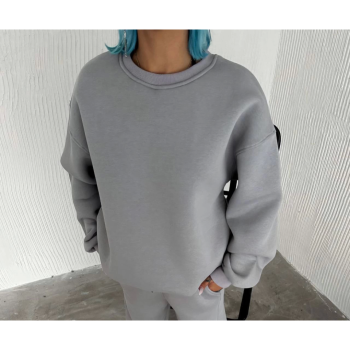 Kışlık Bisiklet Yaka Üç İplik Basic Sweatshirt - Gri