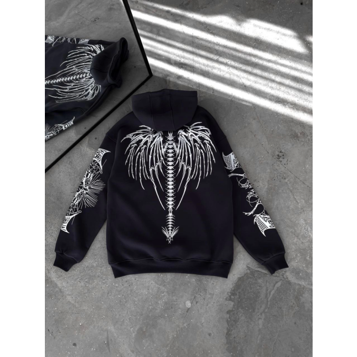 Üç İplik Kapşonlu Baskılı Oversize Sweatshirt- Siyah