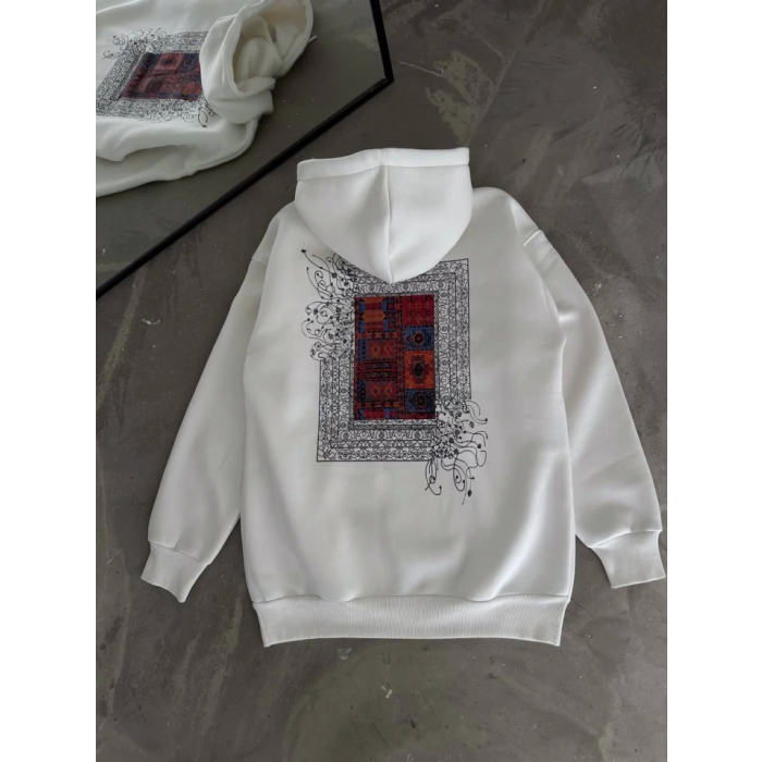 Uzun Kol Kapşonlu Ön Ve Arka Baskılı Sweatshirt - Beyaz