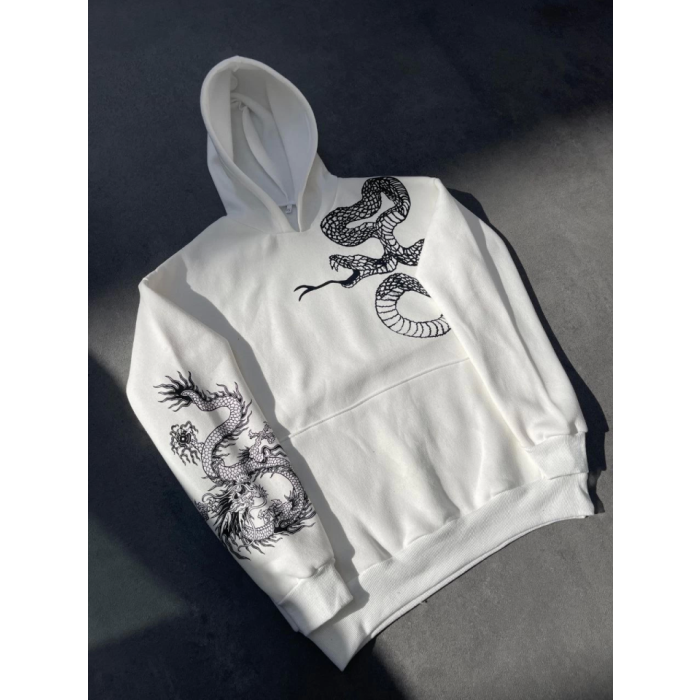 Uzun Kol Kapşonlu Baskılı Sweatshirt - Beyaz