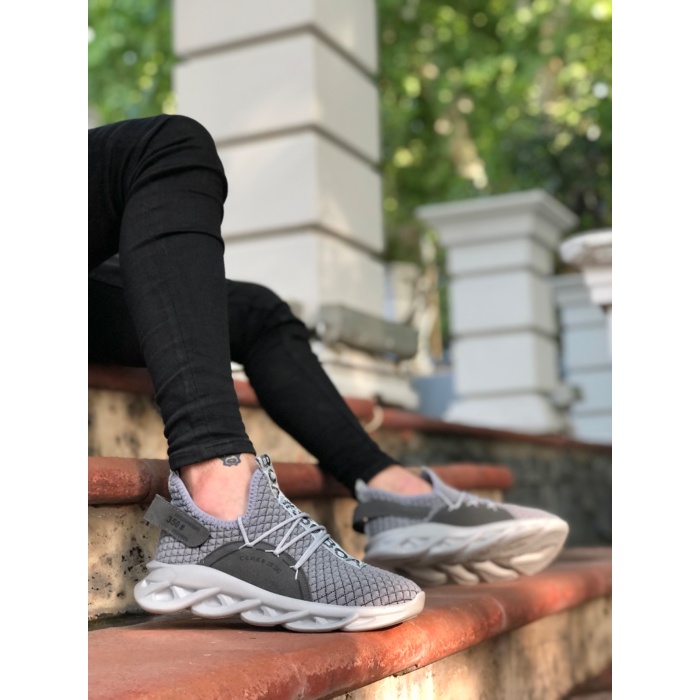 BA0350 Yüksek Taban Tarz Sneakers Cırt Detaylı Gri Erkek Spor Ayakkabısı