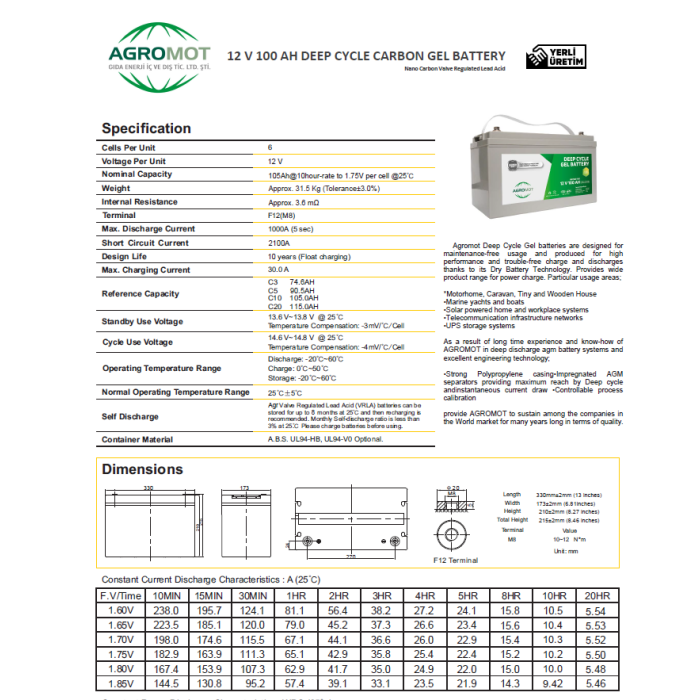 Agromot 12v 100 Amper Jel Akü Deep Cycle