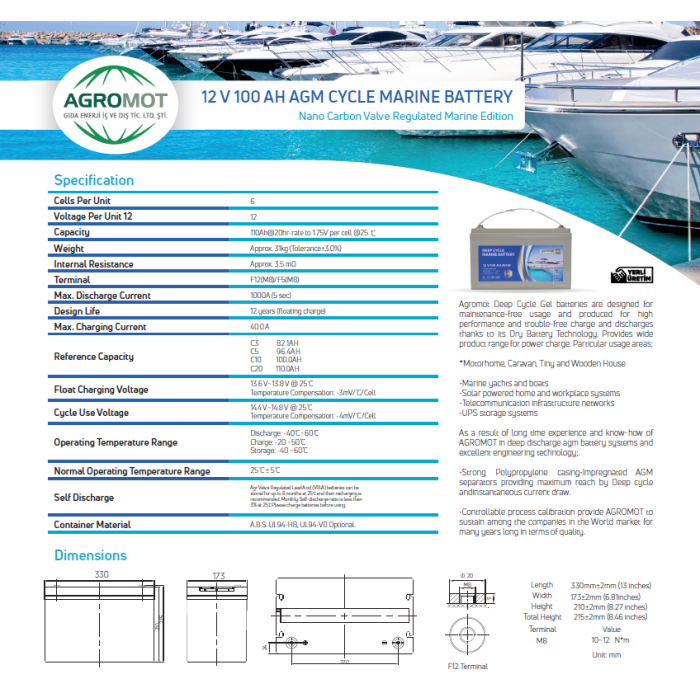 Agromot Marin Akü 12v 100 Amper Marin Deep Cycle Nano Carbon Agm Battery