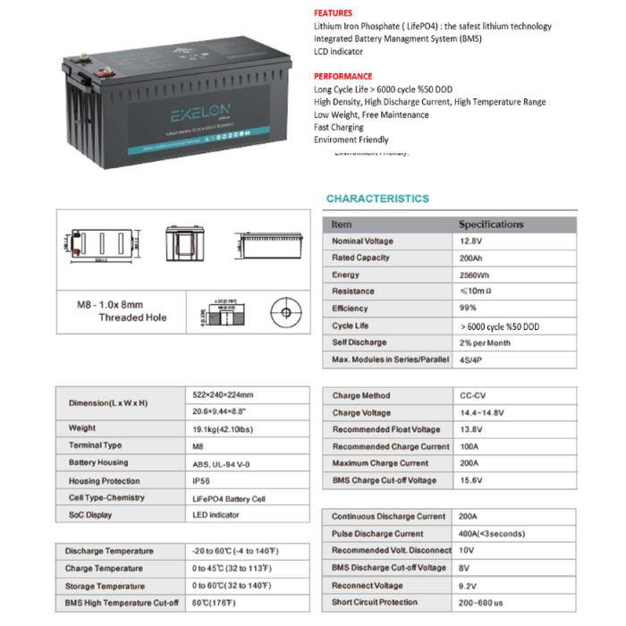 Exelon 12 V 200 Ah Lityum Akü