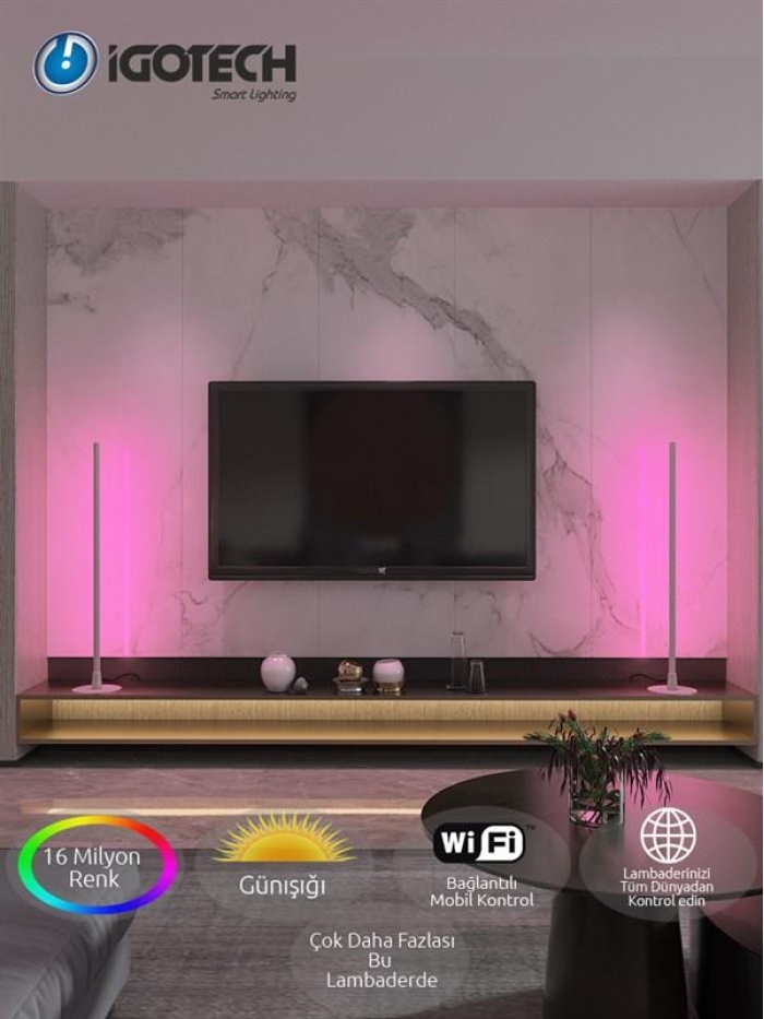 İgotech Smart Lighting-Gün ışığı ve RGB-Gri Led Lambader Wifi Bluetooth100cm