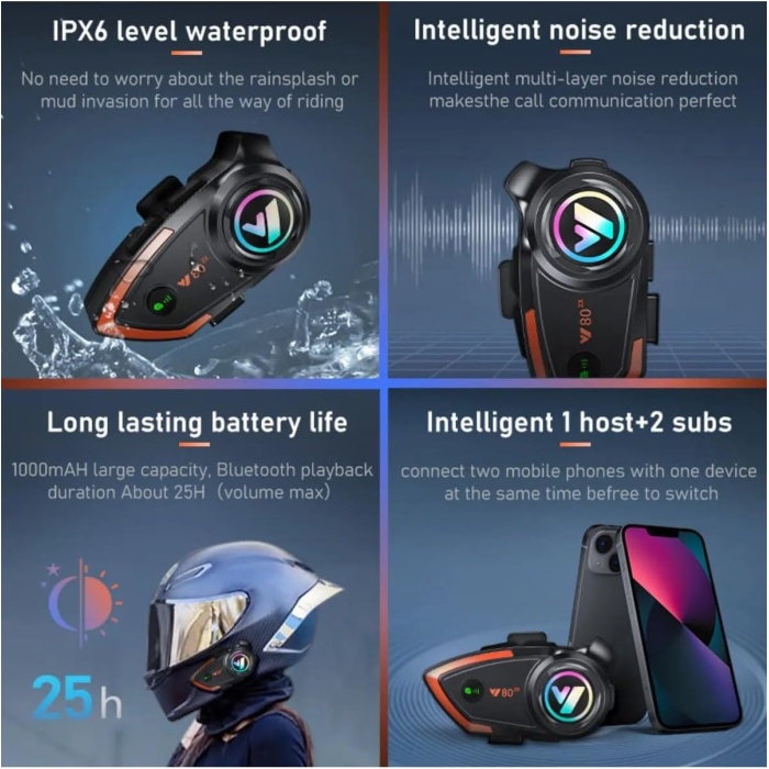 80-2X Motosiklet İntercom Kask Kulaklığı 2 Kişilik Bağlantı RGB Işıklı Bluetooth Kulaklık Seti