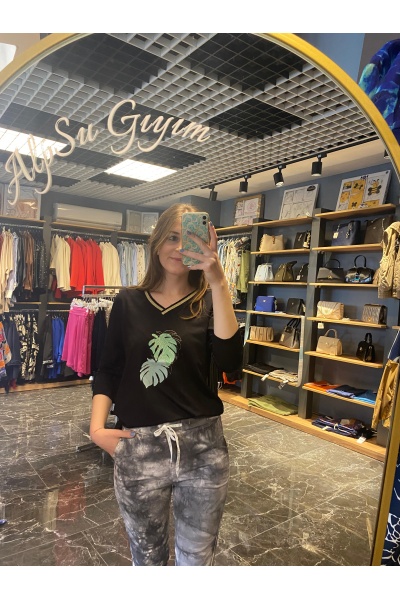 SEMENTA ÖNÜ YAPRAK DESENLİ CROP TSHIRT