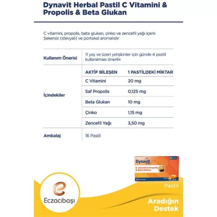 Eczacıbaşı Dynavit Herbal C Vitamini - Propolis ve Beta Glukan İçerikli Pastil 16 Adet