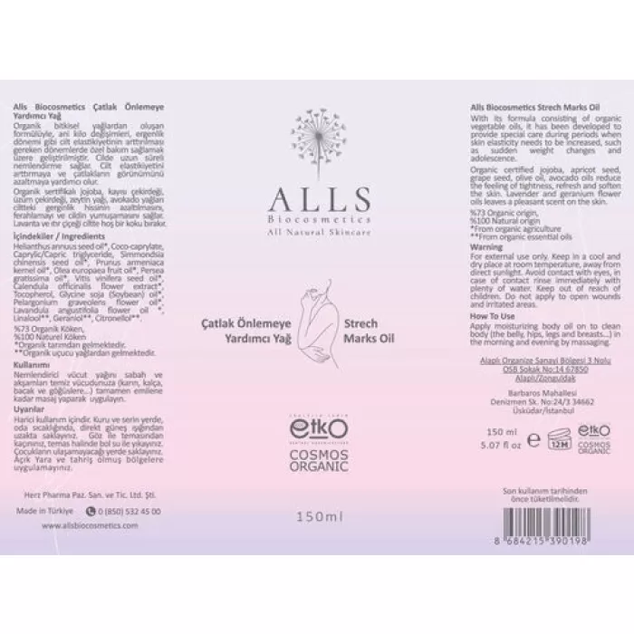 Alls Biocosmetics Organik Çatlak Önlemeye Yardımcı Yağ 150 ml