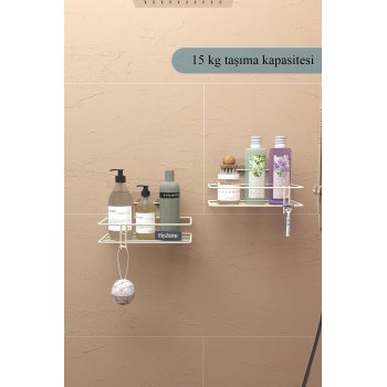 Yapışkanlı 2’li Banyo Rafı Duvara Monte Mutfak Rafı Paslanmaz Kancalı Duş Şampuan Organizer