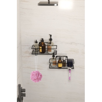 Yapışkanlı 2’li Banyo Rafı Duvara Monte Mutfak Rafı Paslanmaz Kancalı Duş Şampuan Organizer