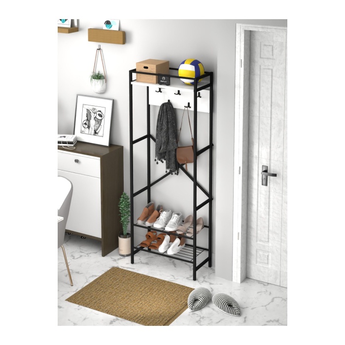 Metal Portmanto Raflı Elbise Askılığı Vestiyer Ayakkabılık Modern 3 Raflı Askılı Portmanto