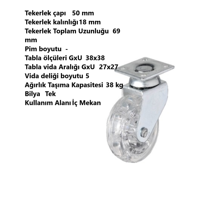 Adilon 50x20lik Şeffaf, Makaralı Tablalı, 360 Derece Döner Teker 4 Adet