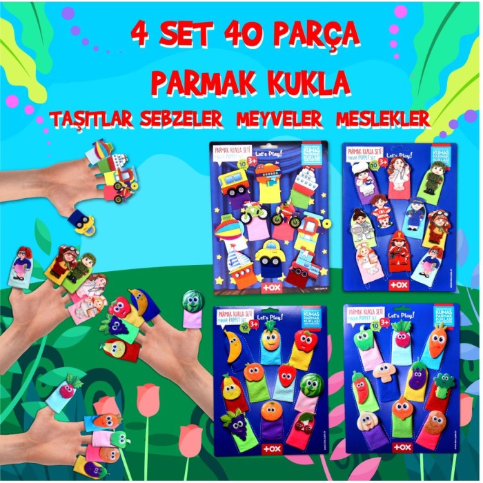 4 Set - 40 Parça  Meyveler , Sebzeler , Meslekler ve Taşıtlar Parmak Kukla