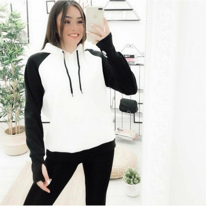 Kadın Panda üç Iplik Kumaş Kapüşonlu Polar Sweat 65 Cm