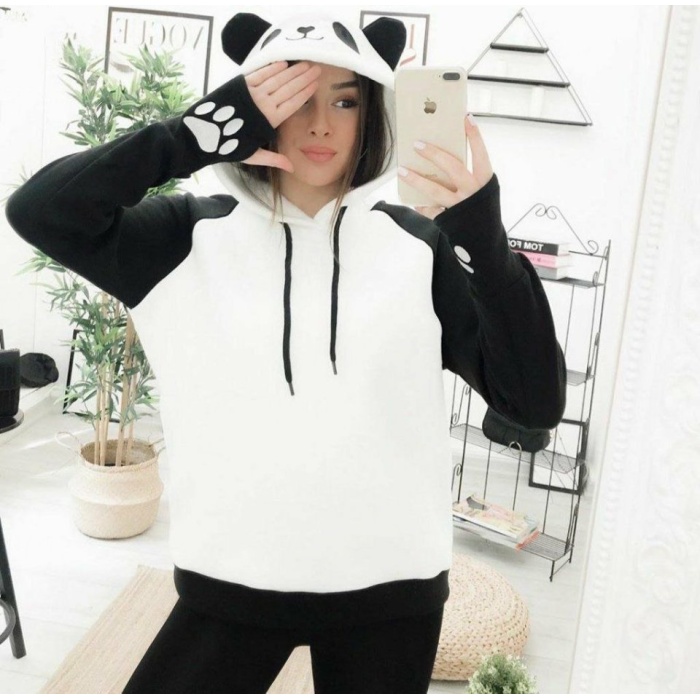 Kadın Panda üç Iplik Kumaş Kapüşonlu Polar Sweat 65 Cm