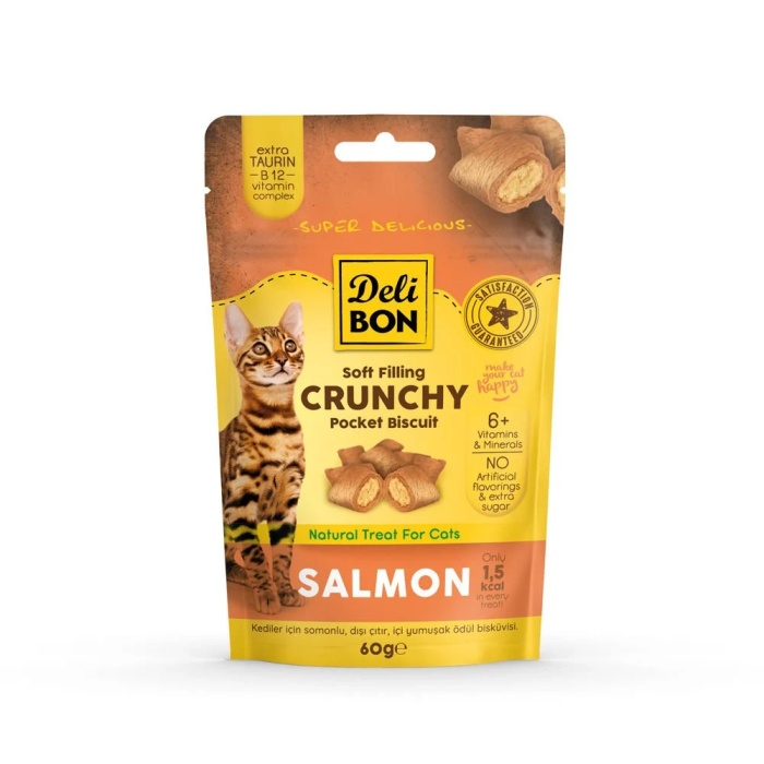 Delibon Crunchy Somonlu İçi Dolgulu Kedi Ödül Bisküvisi 60 Gr