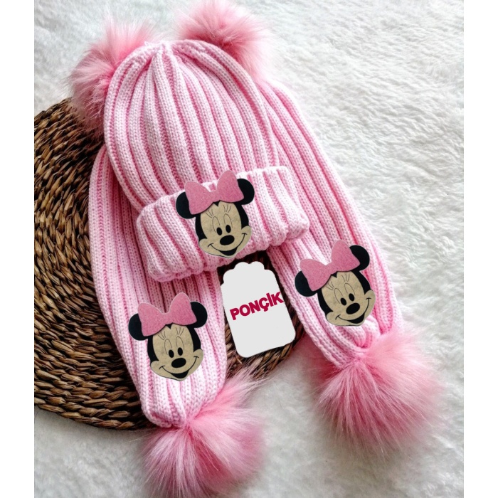 Pembe Minnie Figürlü Kız Çocuk Atkı ve Bere Takım