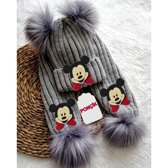 Gri Mickey Figürlü Erkek Çocuk Atkı ve Bere Takım