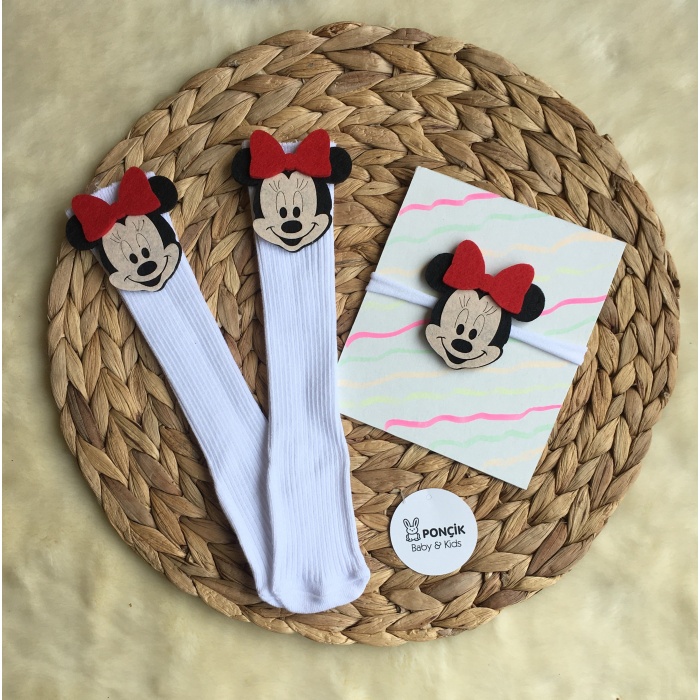 Minnie Mouse Kırmızı Figürlü Çorap ve Bant Takım