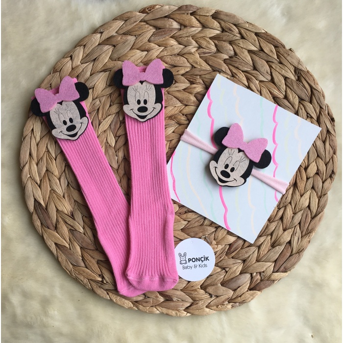 Minnie Mouse Pembe Figürlü Çorap ve Bant Takım