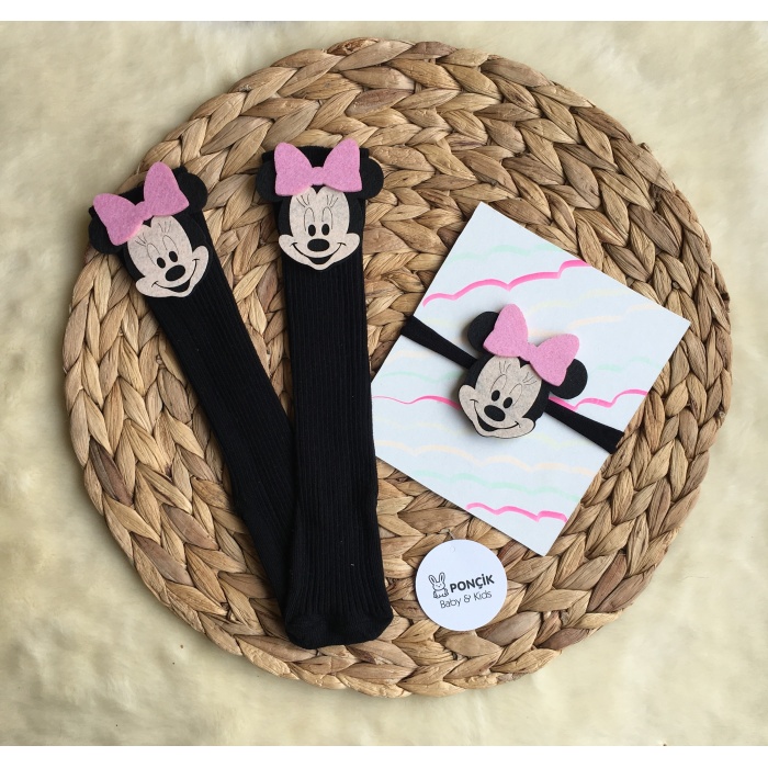 Minnie Mouse Pembe Figürlü Çorap ve Bant Takım