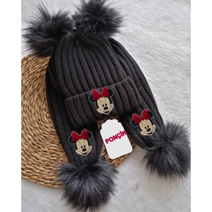 Siyah Minnie Mouse Figürlü Kız Çocuk Atkı ve Bere Takım