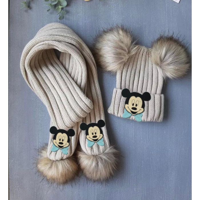 Bej Mickey Figürlü Erkek Çocuk Atkı ve Bere Takım