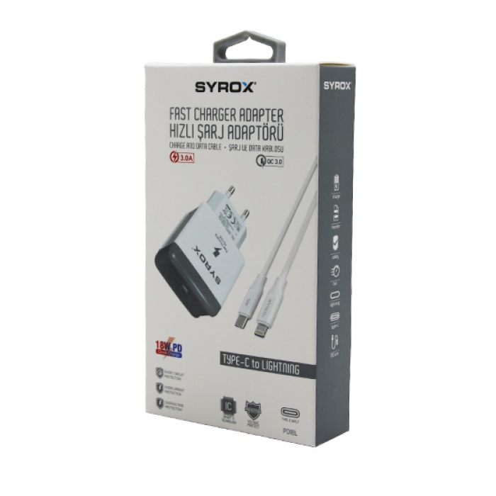 SYROX PD18L ( İPHONE ) ( TYPE-C TO LIGHTNING ) ( HIZLI ) EV ŞARJ SETİ 3.0A 18W PD*200