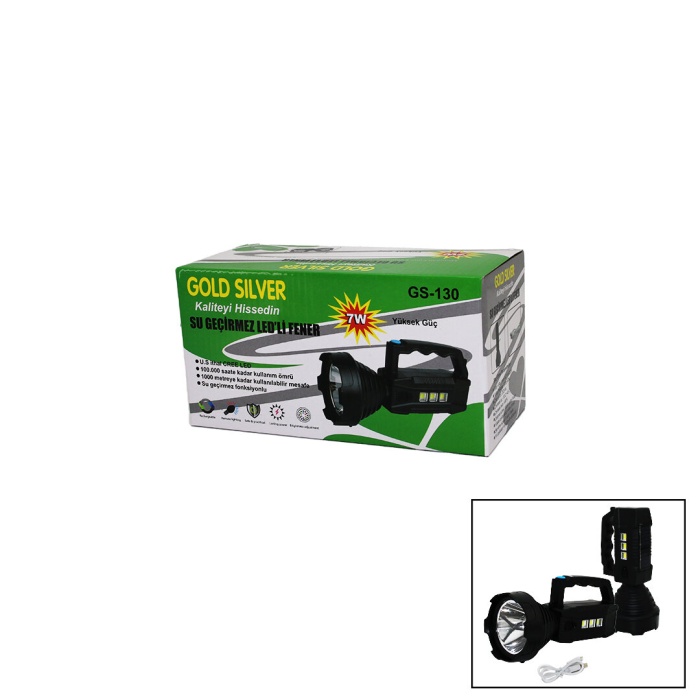 GOLD SILVER GS-130 ( 2IN1 ) ( 7W LED & COB ) ( SOLAR & USB ŞARJLI ) EL FENERİ ( SU GEÇİRMEZ )*60               Q9