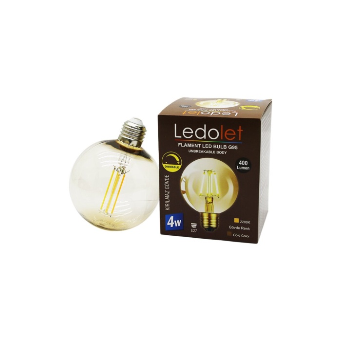 LEDOLET G-80 ( 4W & E27 ) ( GOLD COLOR ) RUSTİK AMPUL ( 400LUMEN & 2200K ) (KIRILMAZ GÖVDE)*80