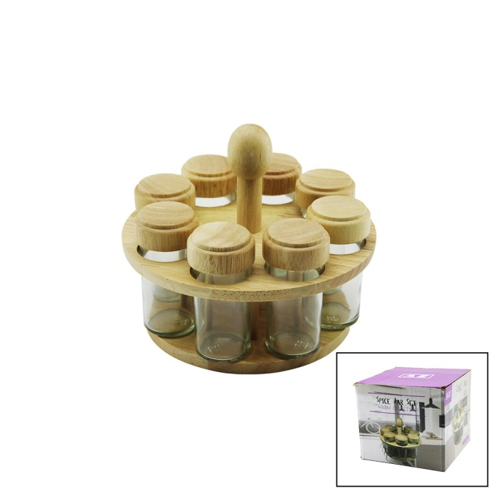 AZ SPICE JAR SET YAKUT-9561 ( 8PCS ) ( YUVARLAK )  CAM & BAMBU KAPAK TUZLUK & BAHARATLIK ( BAMBU STAND )*12