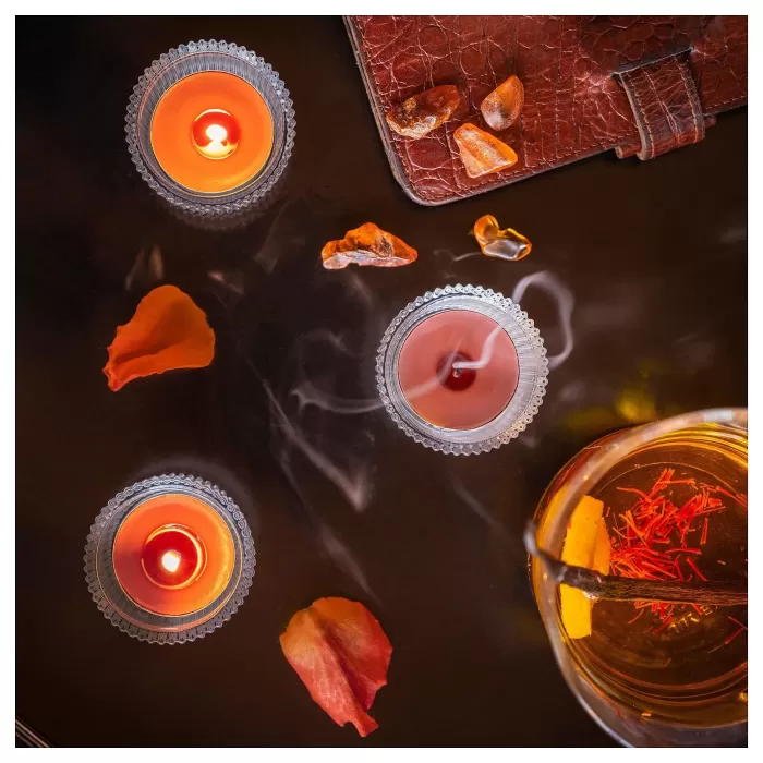 Kokulu Tealight Mum, Kırmızı-Kahverengi, 3.5 Saat, 30 Adet, Kehribar ve Gül