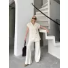 Keten Sıfır Kol Blezer Ceket Pantolon ikili Takım- Beyaz