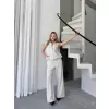 Keten Tam Fermuarlı Kolsuz Ceket Pantolon ikili Takım- Beyaz