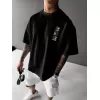 Benzersiz Sırt Baskılı Erkek Sokak Stili Bol Tişört - Nefes Alabilir Polyester, Makinede Yıkanabilir - Siyah