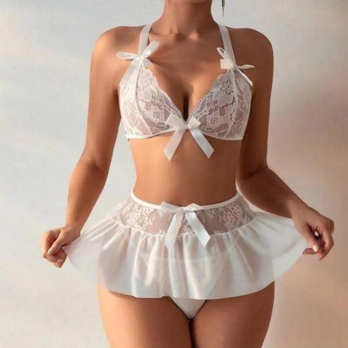 Fantazi Beyaz Dantelli Fiyonklu Seksi Babydol BC9239