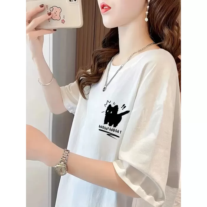 Tatlı Kedi Baskılı Oversize Bisiklet Yaka T-shirt - Beyaz