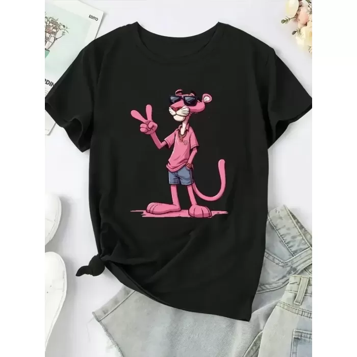 Pembe Panter Baskılı Oversize Bisiklet Yaka T-shirt - Beyaz