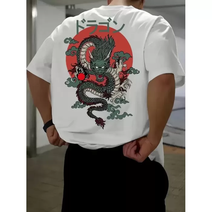 Ön Arka Ejder Baskılı Oversize Bisiklet Yaka T-shirt - Beyaz