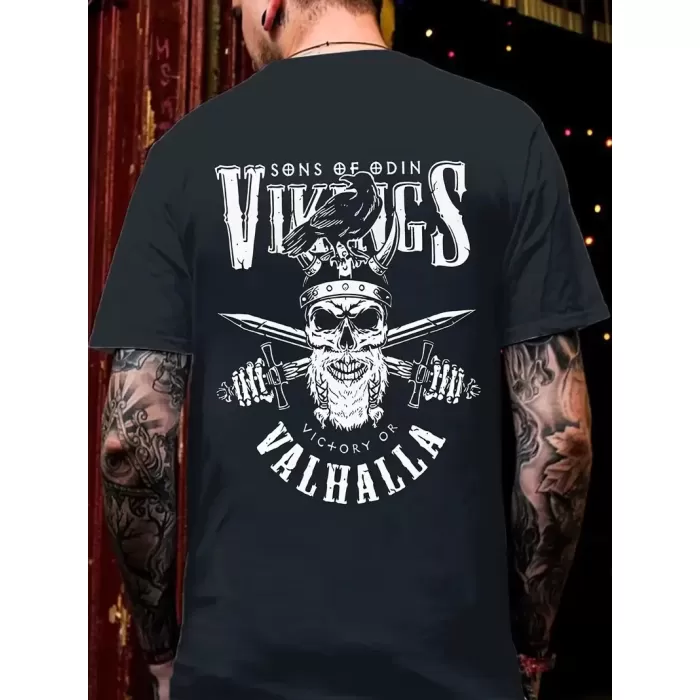 Vikings Valhalla Baskılı Oversize Bisiklet Yaka T-shirt - Siyah