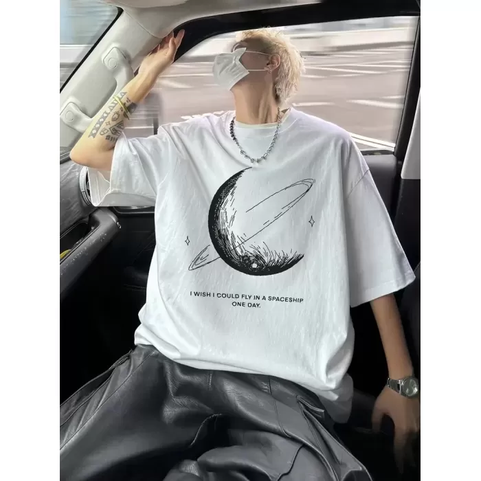 Erkekler için Siyah Tişört Grafik Genç Emo Vintage Gotik Rahat Büyük Beden Kısa Kollu Tişört Giysi Üst - Beyaz