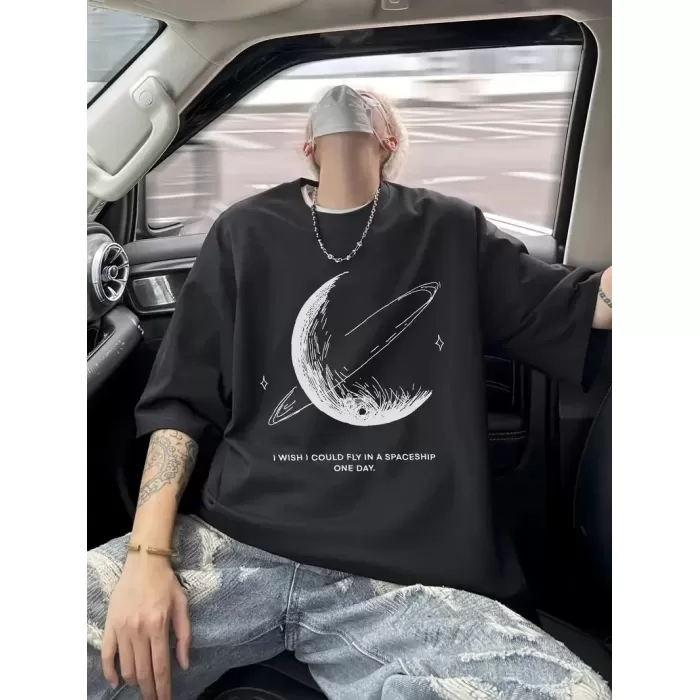 Erkekler için Siyah Tişört Grafik Genç Emo Vintage Gotik Rahat Büyük Beden Kısa Kollu Tişört Giysi Üst- Siyah